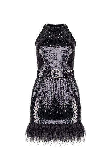 Short sequins dress with ostrich feather trim