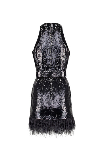 Short sequins dress with ostrich feather trim