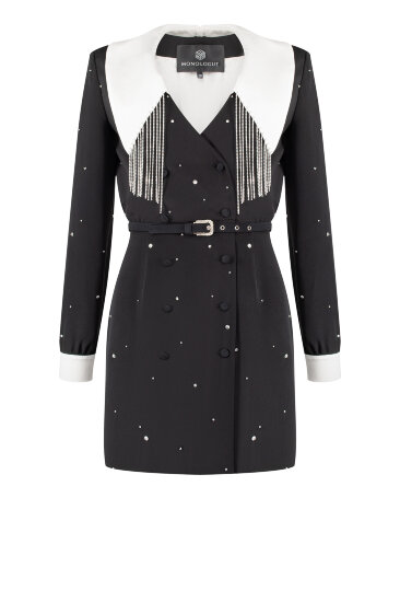 Short dress with hand-embroidered crystals and detachable collar, detachable belt, crystal buckle